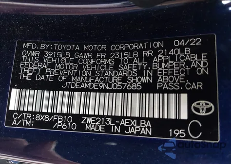 2022 Toyota Corolla Hybrid Le z USA, uszkodzony, nr VIN JTDEAMDE9NJ057685